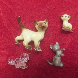 4 Darling Vintage Collectible Miniature Cat Figurines Pewter, Crystal